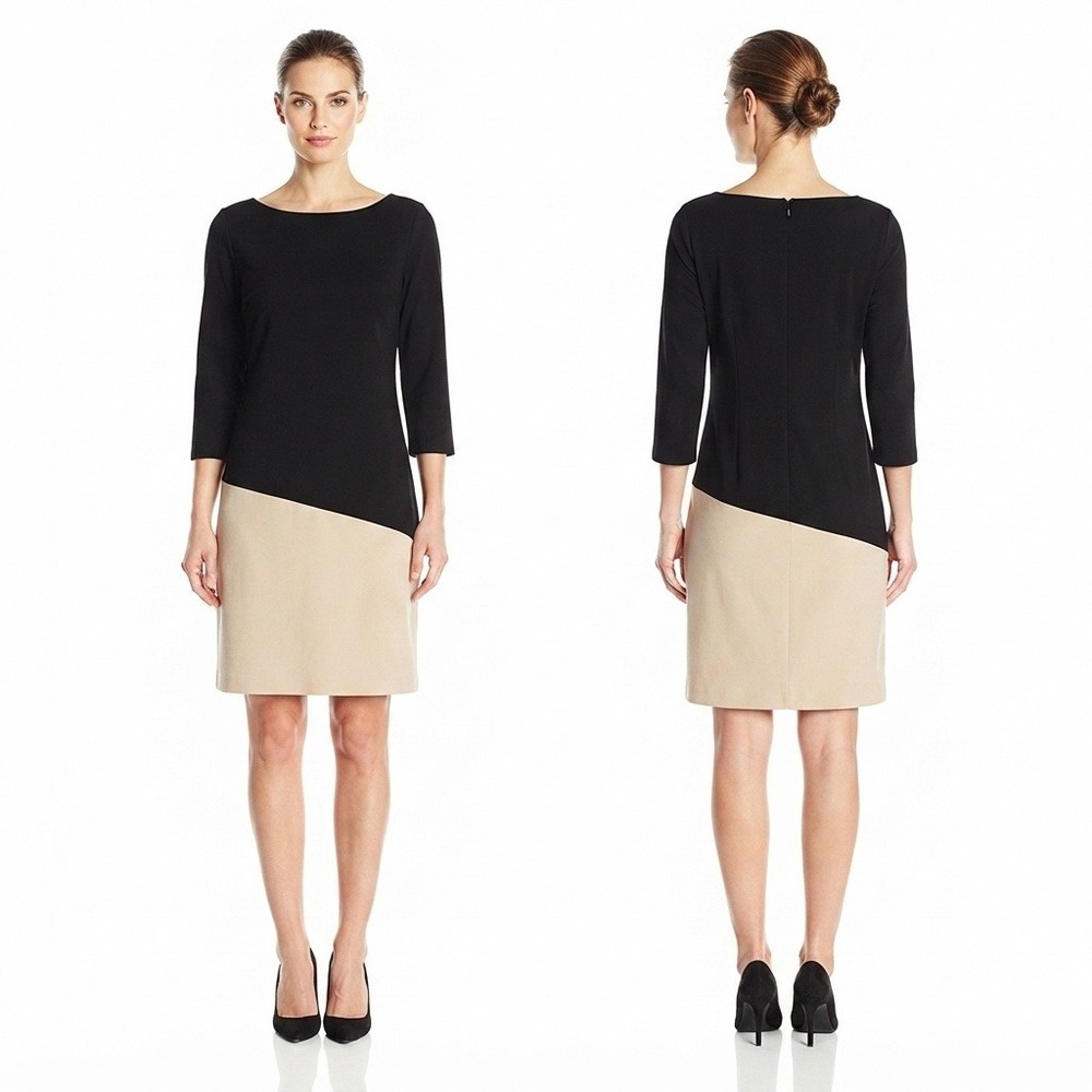 Dana Buchman Dress M Black Tan Colorblock Sheath 3/4 Sleeve Ponte Knit Modern